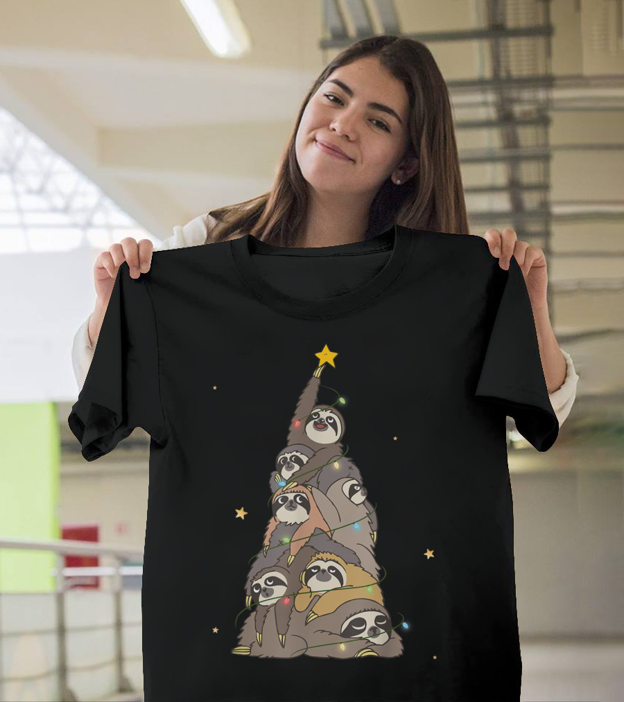 Sloths Christmas Tree Family with Xmas Lights and Stars T-Shirt