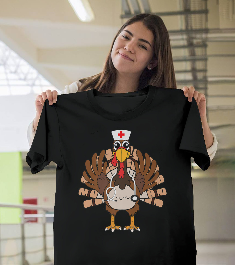 Thanksgiving Turkey Nurse Scrub Tops Women Stethoscope T-Shirt