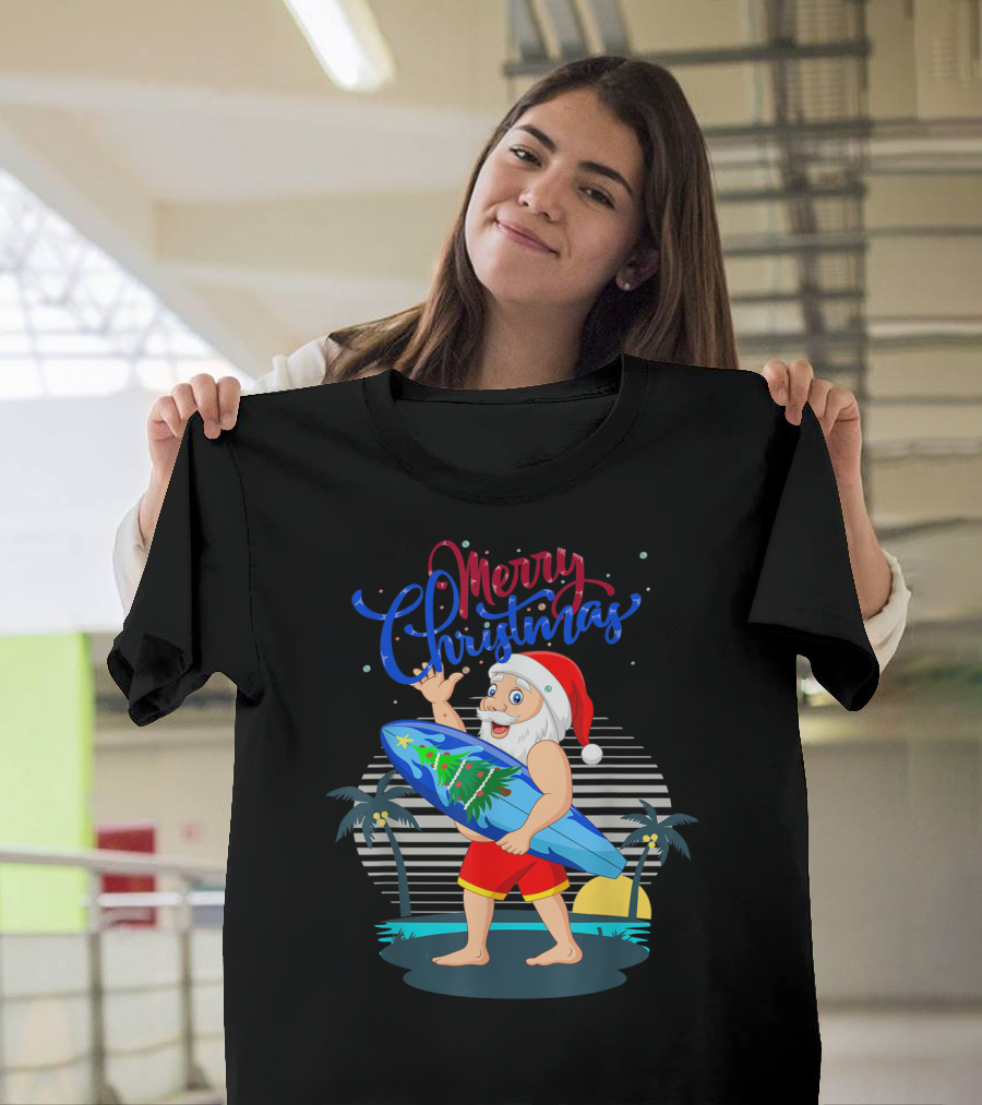 Merry Christmas Surfing Santa Claus Hawaiian Tropical T-Shirt
