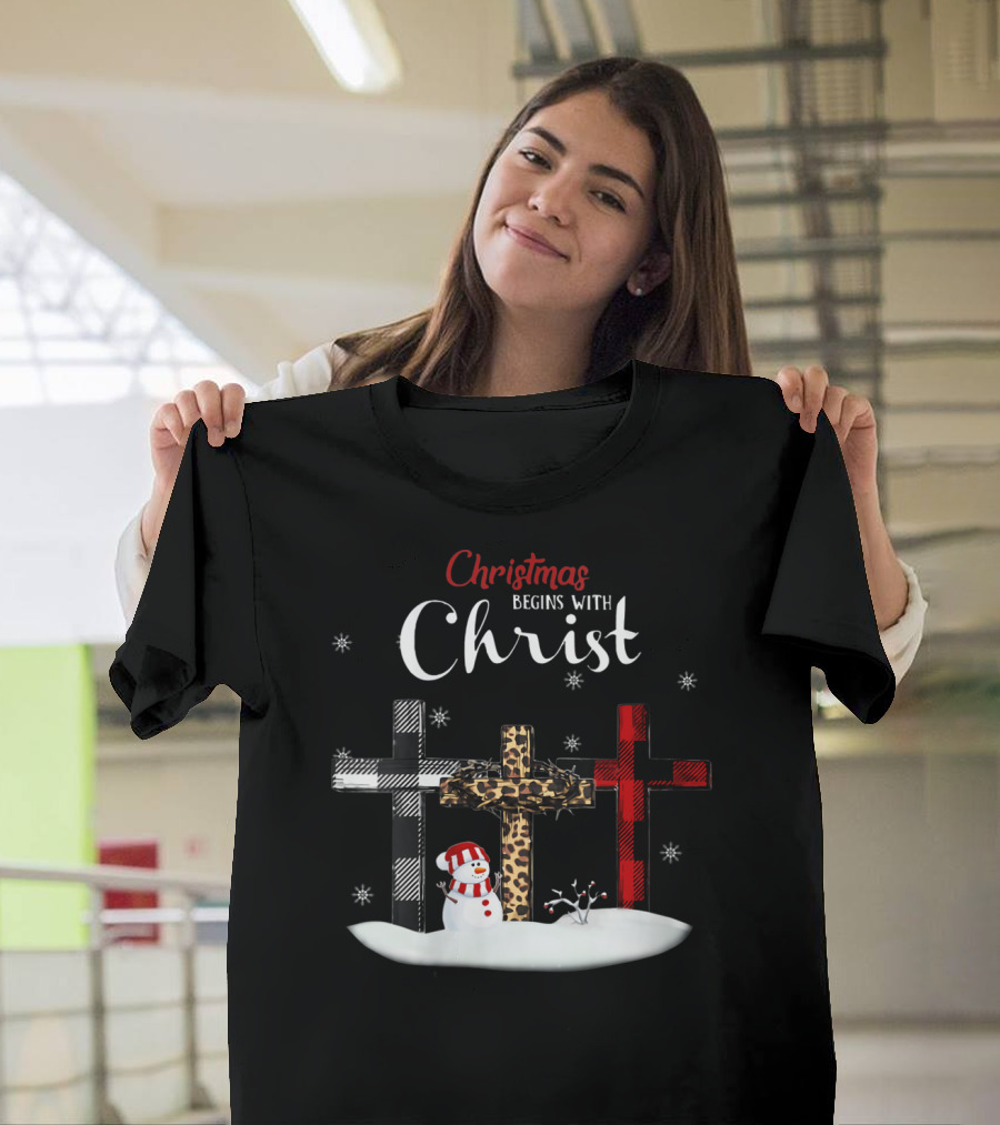 Christmas Begins With Christ Plaid Crosses Snowman Scene T-Shirt