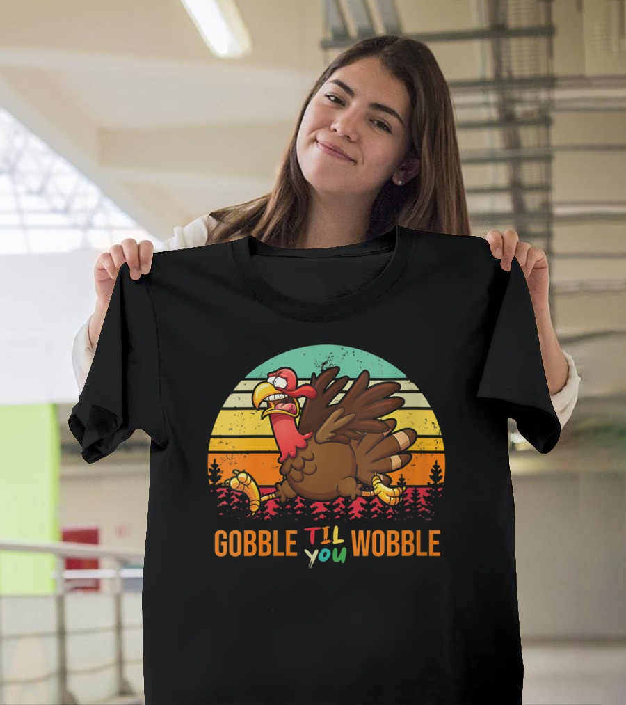 Gobble Til You Wobble Running Turkey Vintage Sunset Forest T-Shirt