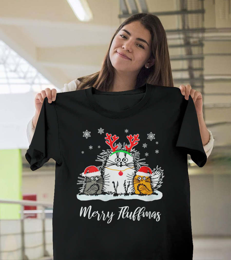 Merry Fluffmas Funny Christmas Cat With Santa Hats and Reindeer Antlers Snowflakes T-Shirt