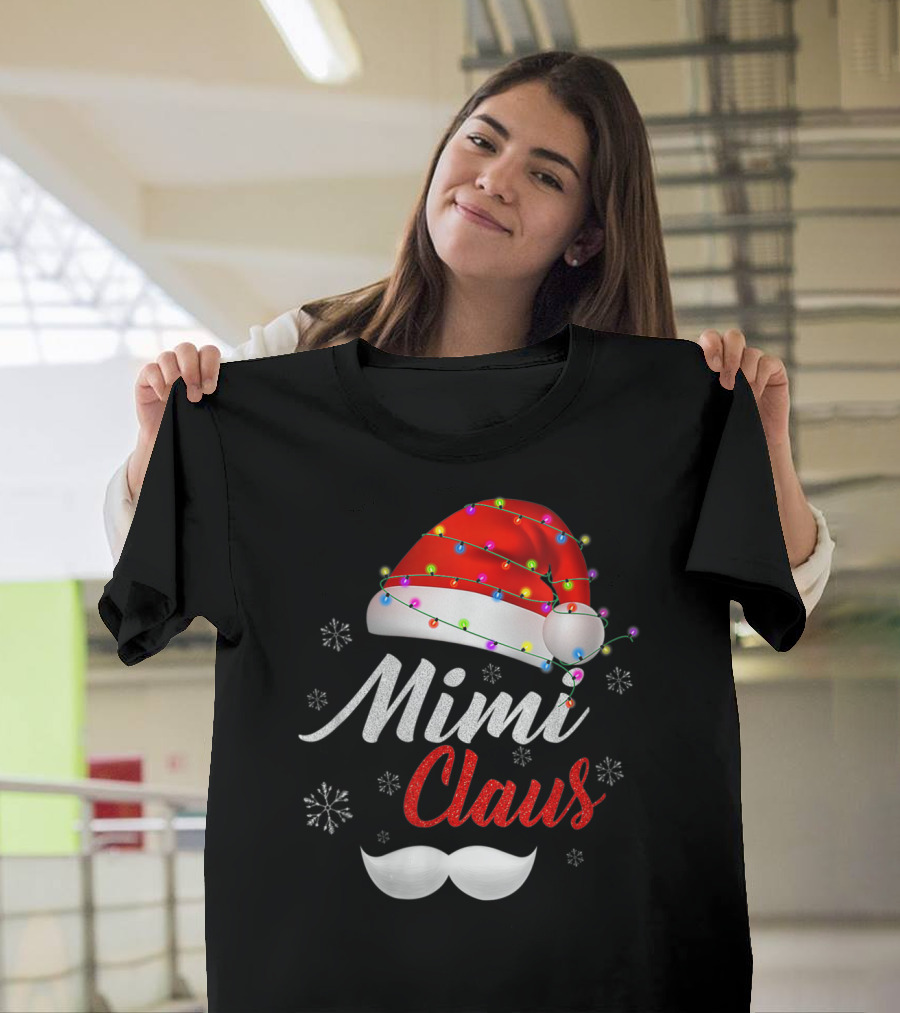 Mimi Claus Santa Hat Mustache Snowflakes T-Shirt