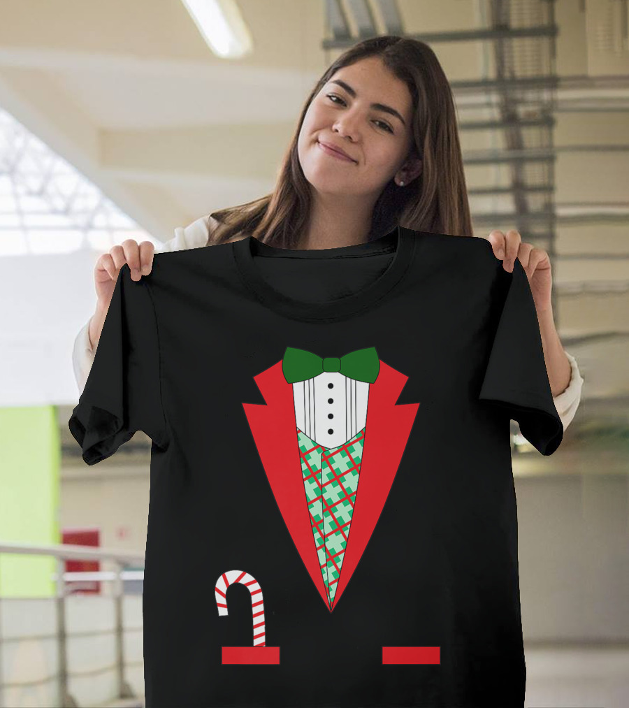 Candy Cane Red Tuxedo Vest Green Bow Tie Christmas T-Shirt