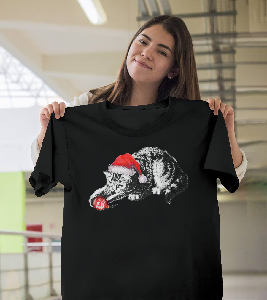 Santa Cat Playing with Christmas Ornament Kitten T-Shirt