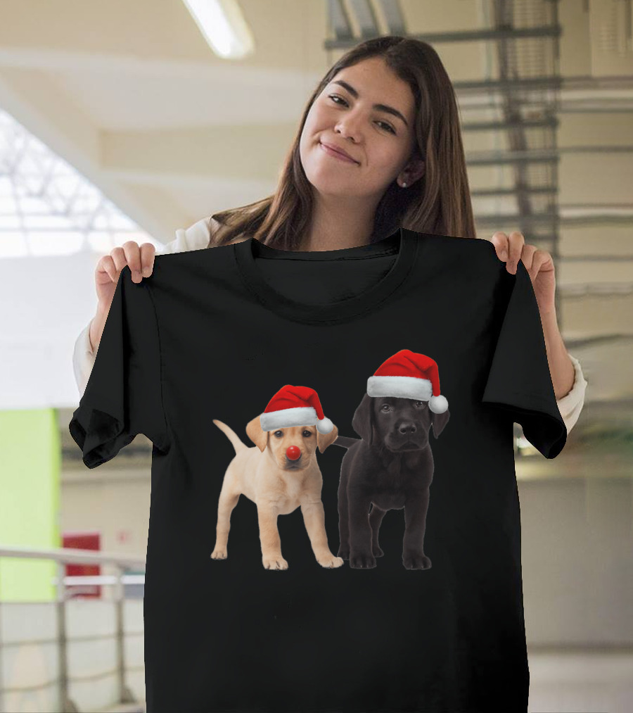 Cute Black Yellow Lab Puppies Santa Hat Dog Christmas T-Shirt