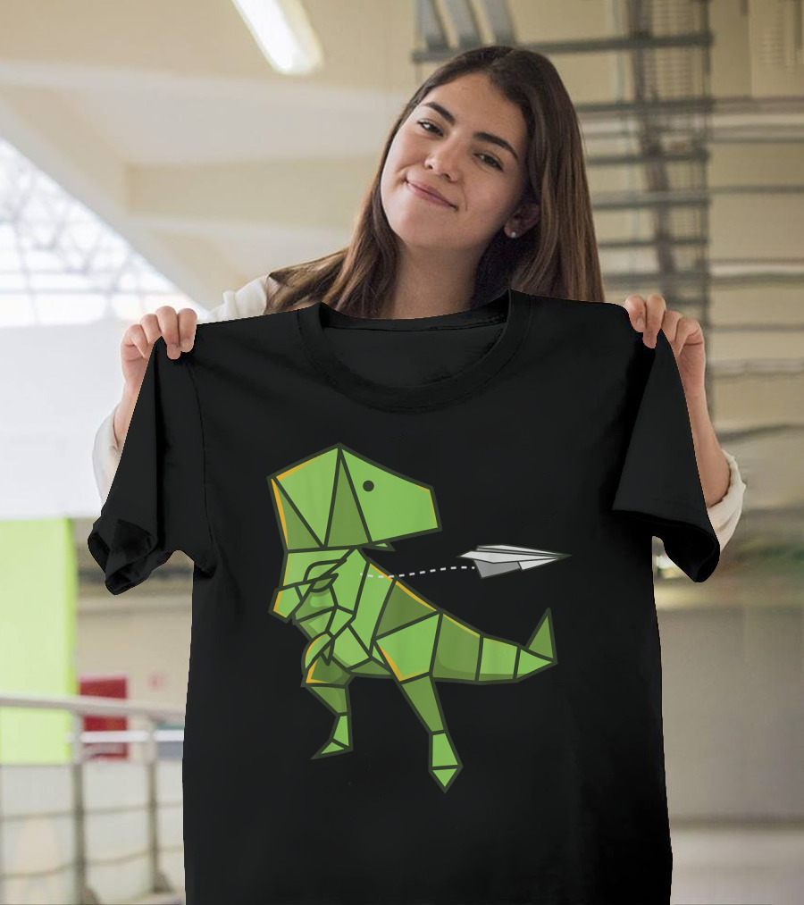 Cute Origami Trex Throwing Paper Plane Dinosaur T-Shirt