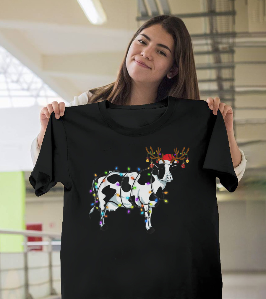 Cow with Christmas Lights and Reindeer Antlers Santa Hat T-Shirt