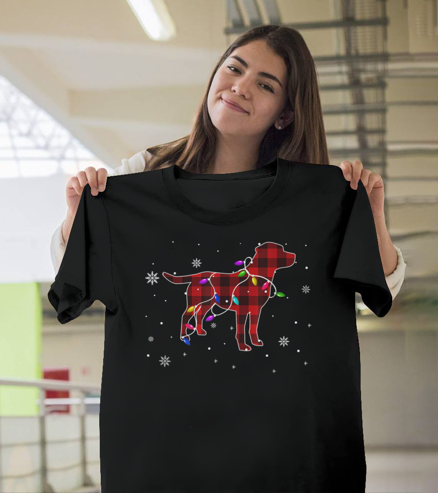 Funny Labrador with Christmas Lights and Red Plaid T-Shirt
