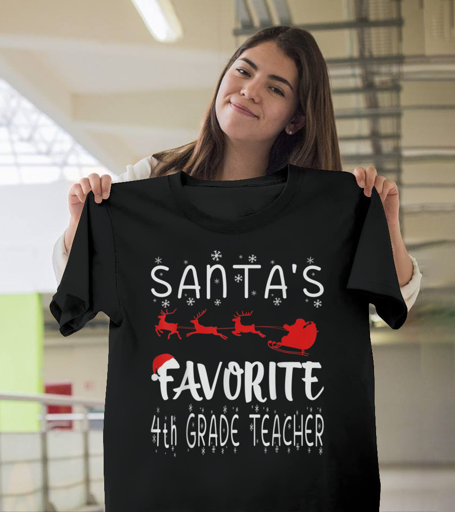 Santa's Favorite 4th Grade Teacher Snowflakes and Sleigh T-Shirt