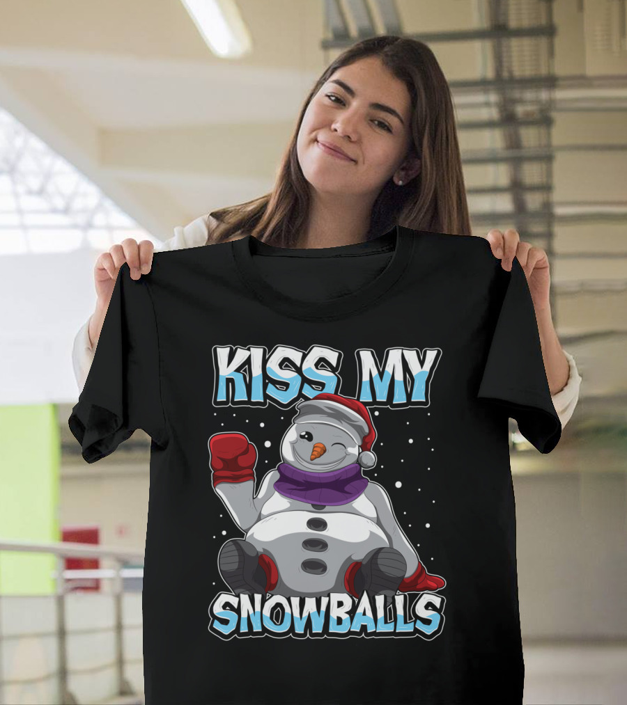 Kiss My Snowballs Funny Xmas Pun Christmas Snowman with Santa Hat and Purple Scarf T-Shirt