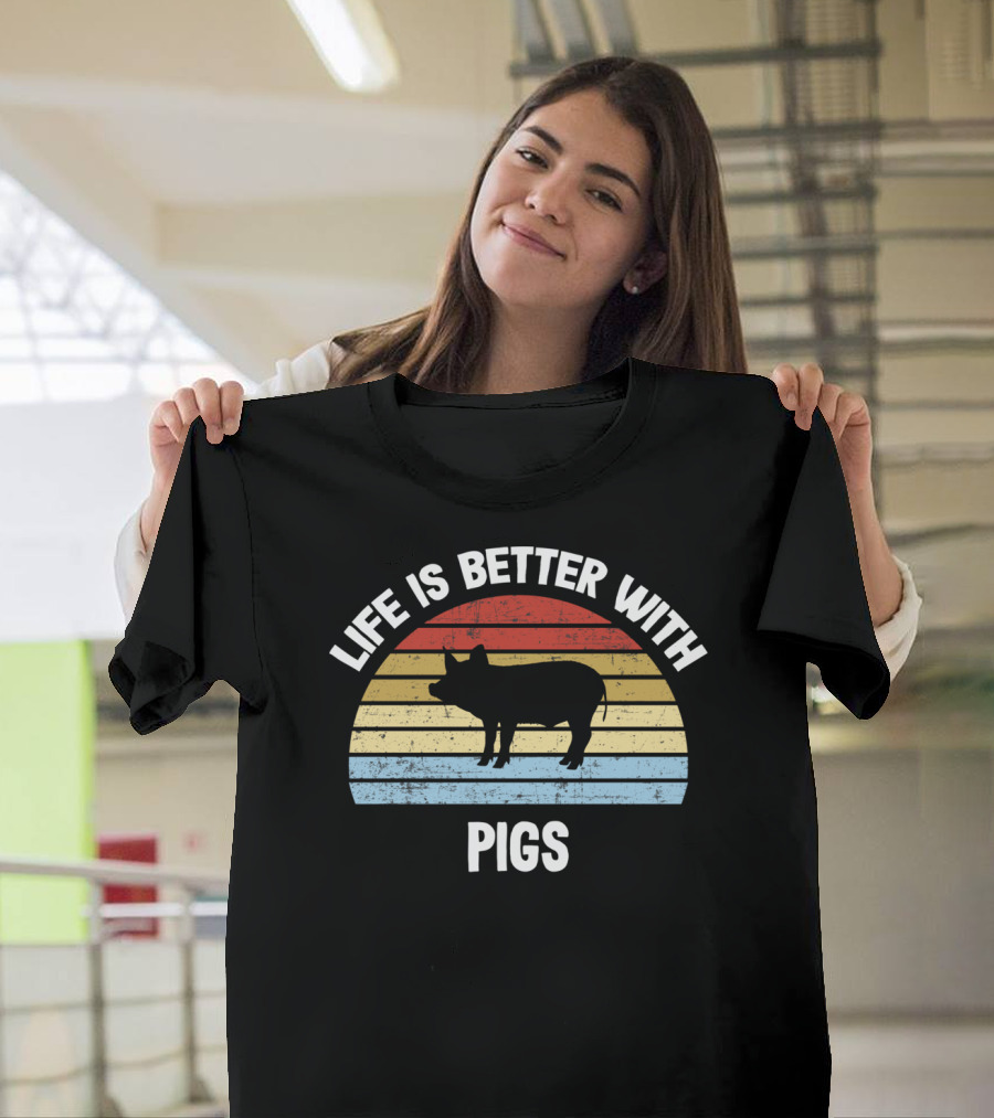 Life Is Better With Pigs Retro Sunset Pig T-Shirt