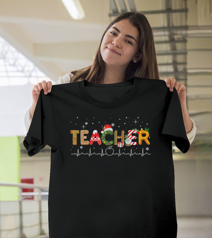 TEACHER Christmas Holiday Festive Theme with Heartbeat Apple Snowflakes Santa Hat and Candy Cane Elements T-Shirt