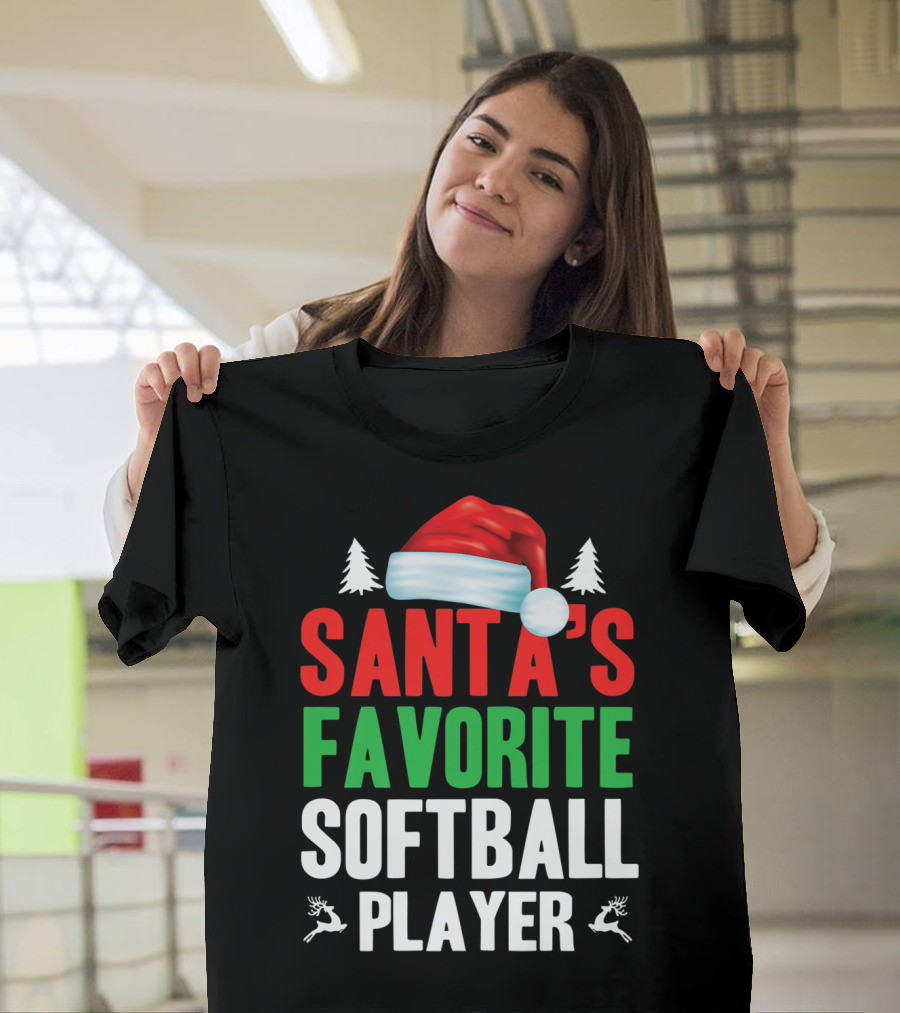 Santa's Favorite Softball Player with Santa Hat and Reindeer T-Shirt