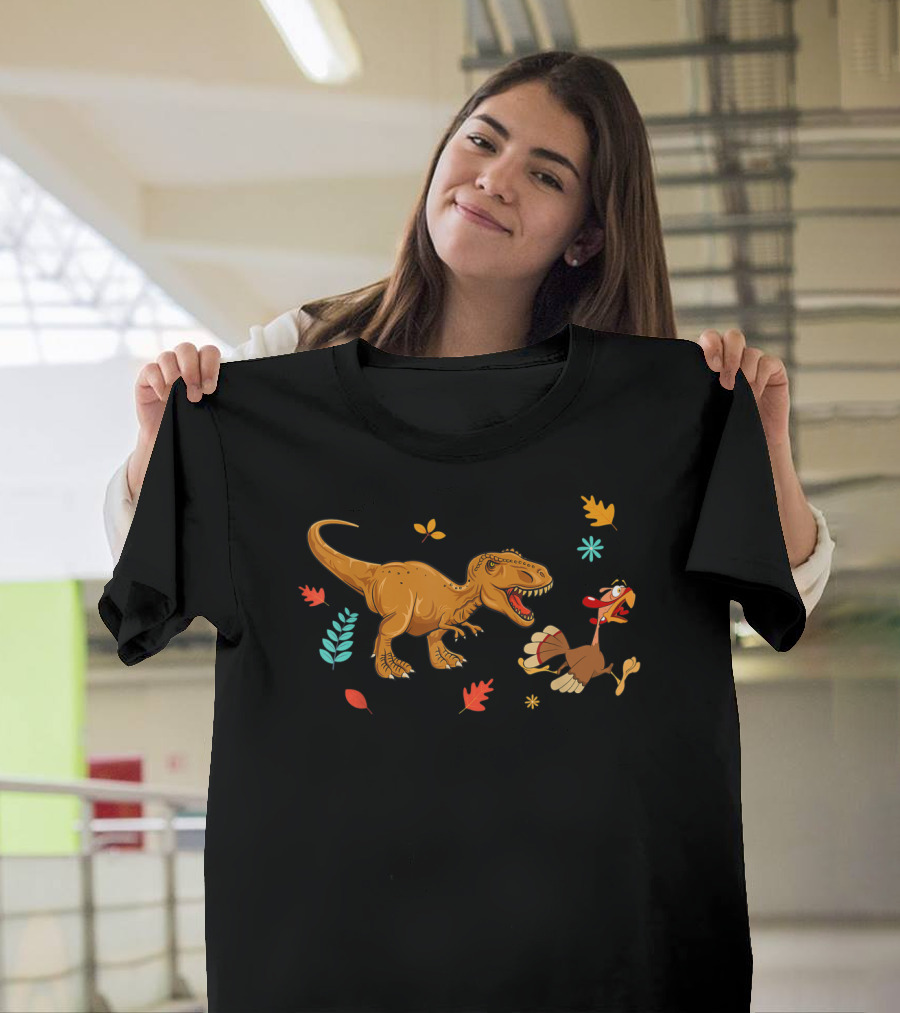 Turkey Rex Dinosaur Thanksgiving Chase with Autumn Leaves T-Shirt