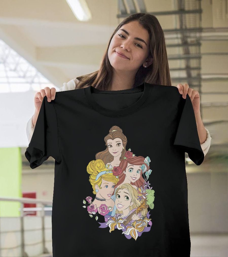 Disney Princess Floral Belle Cinderella Ariel Rapunzel T-Shirt