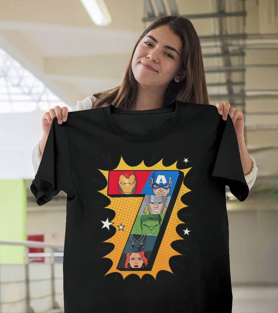 Marvel Avengers Iron Man Captain America Thor Hulk Black Panther Black Widow 7th Super Heroes Comic T-Shirt