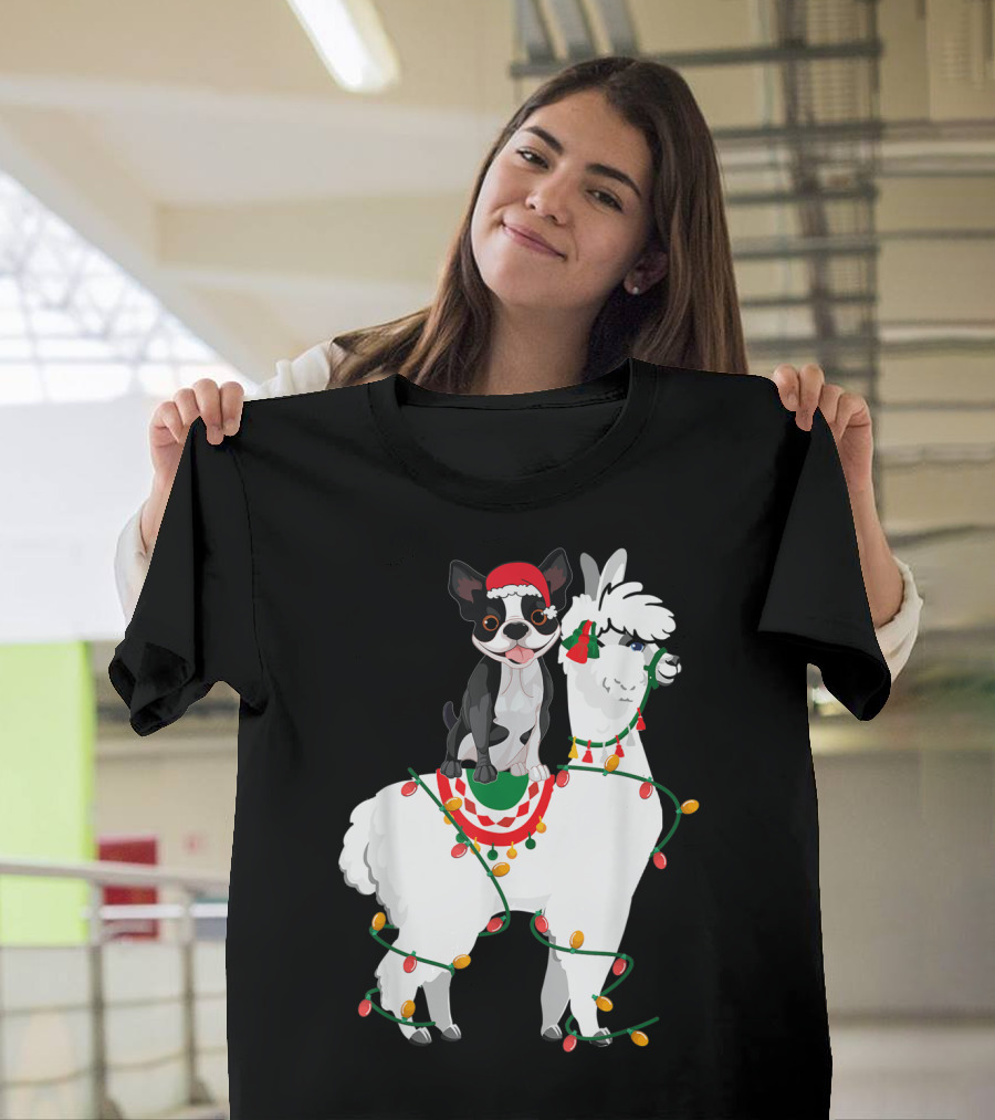 Boston Terrier in Santa Hat on Llama Wrapped in Christmas Lights T-Shirt