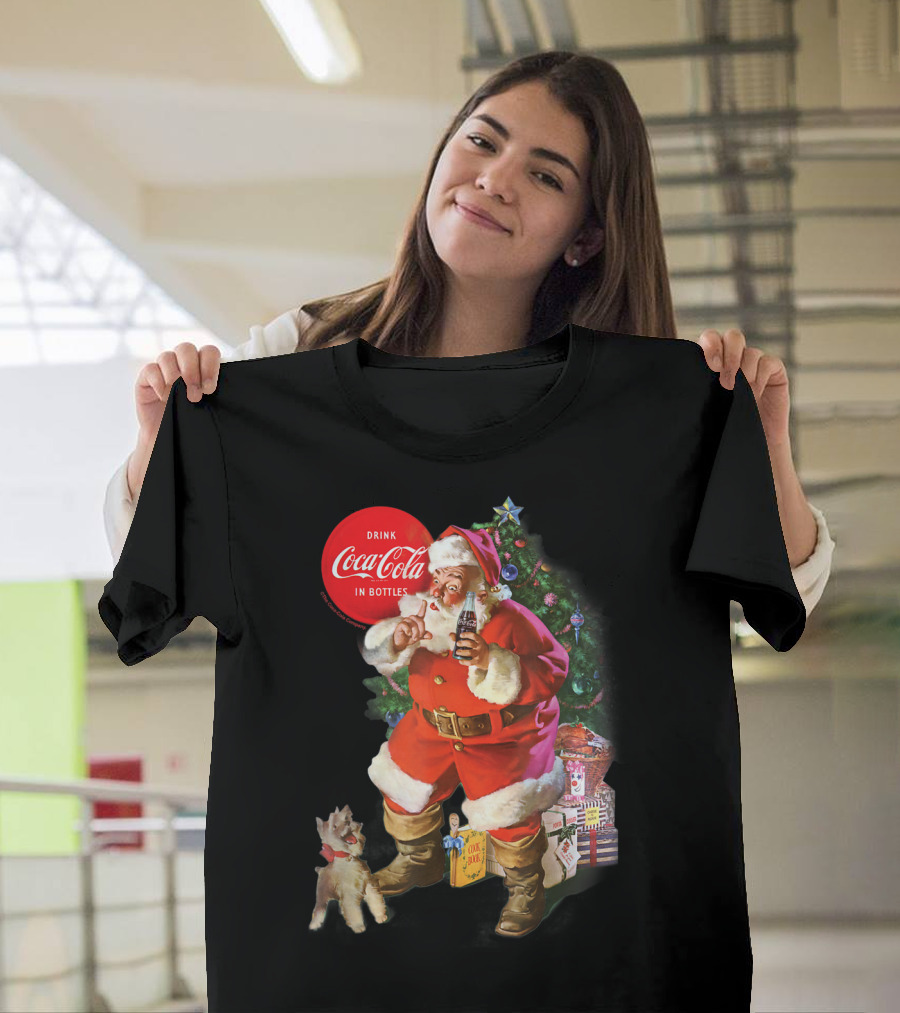 Drink Coca-Cola in Bottles Christmas Santa Claus with Puppy and Tree T-Shirt