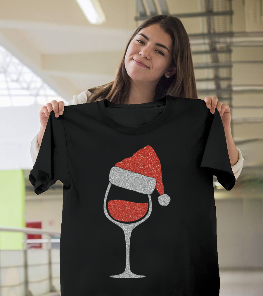 Santa Hat Red Wine Glass Holiday Cheer T-Shirt