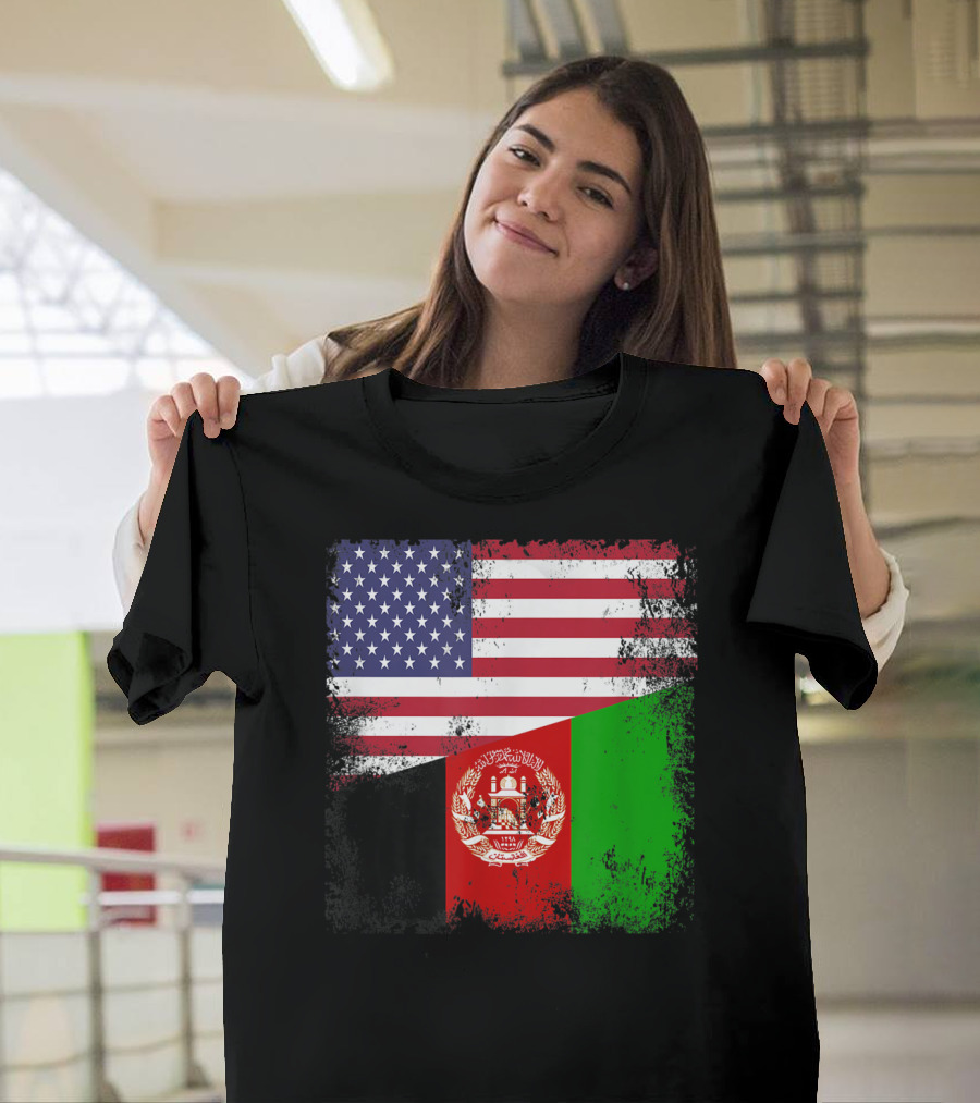 Half Afghan Flag Vintage Afghanistan USA Dual Flags T-Shirt
