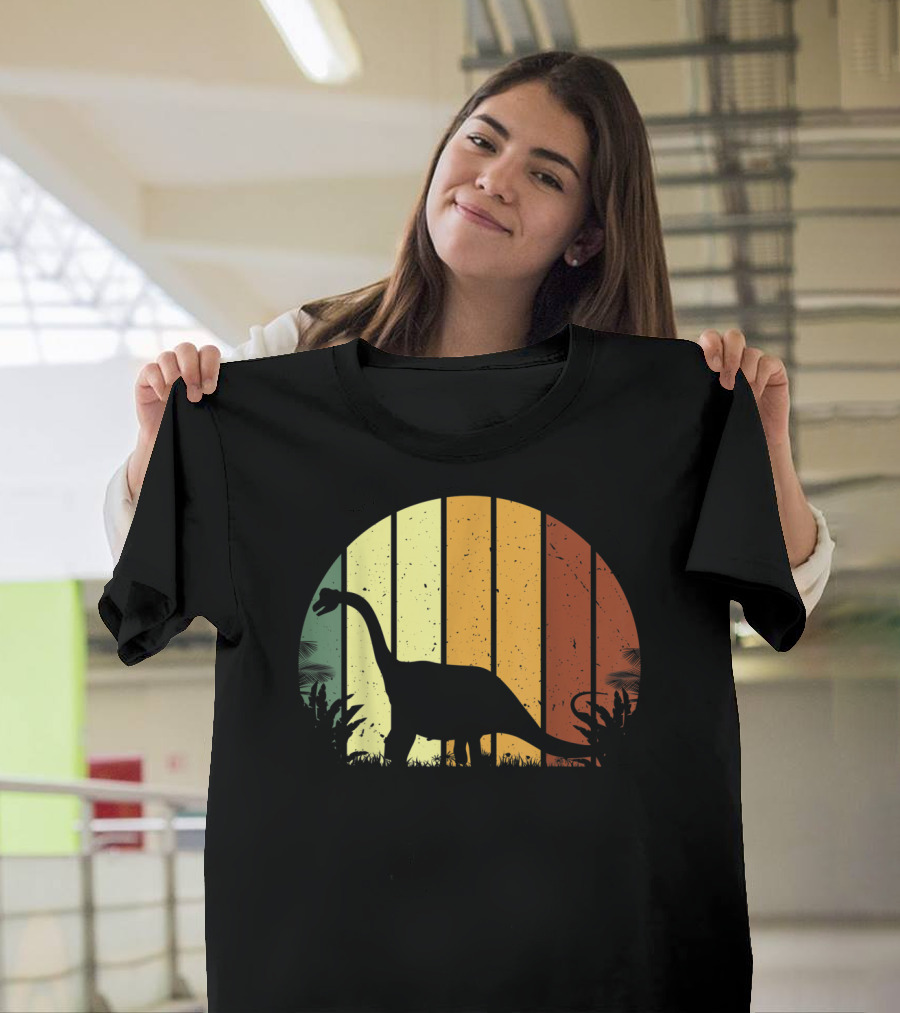 Retro Brontosaurus Dinosaur Vegetarian Silhouette in Vintage Sunset Colors T-Shirt