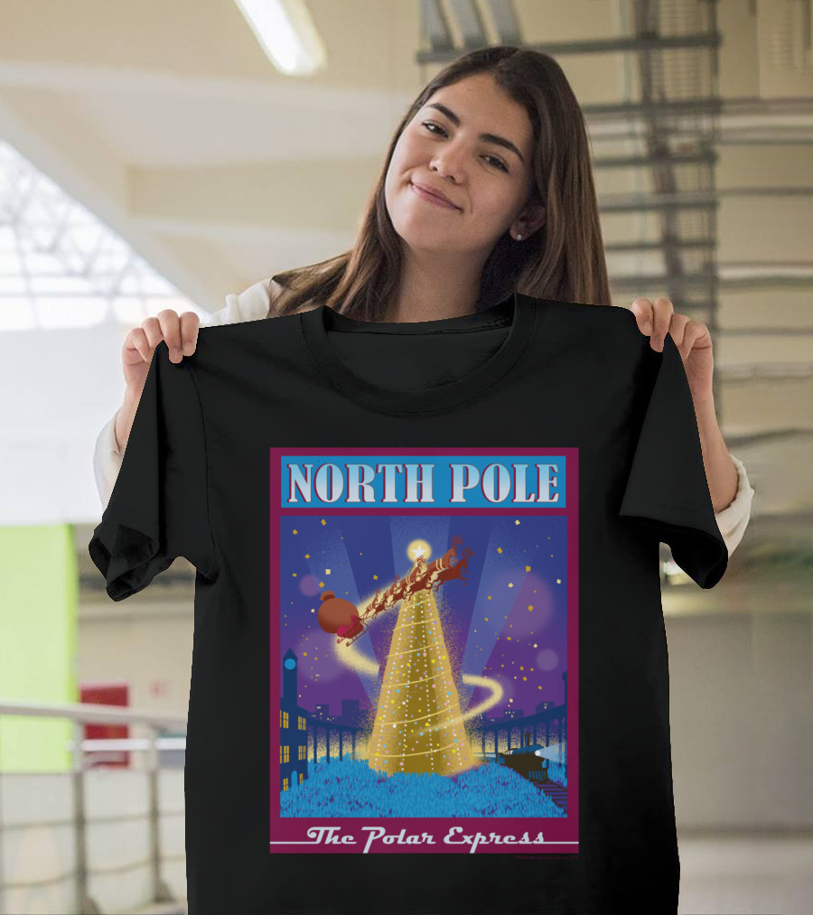 North Pole The Polar Express Santa Sleigh and Christmas Tree Scene T-Shirt