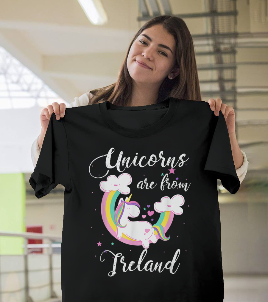 Unicorns Are From Ireland Rainbow Clouds Hearts T-Shirt