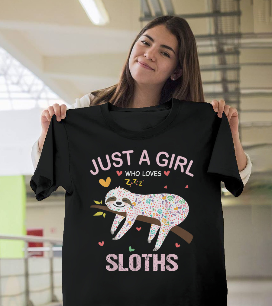 Just A Girl Who Loves Sloths Sleeping on a Tree with Colorful Hearts and Zzz's T-Shirt