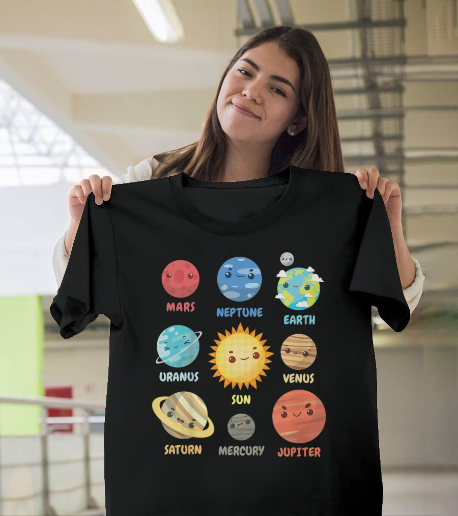 Mars Neptune Earth Uranus Sun Venus Saturn Mercury Jupiter Kids Solar System Planets For Space Geeks T-Shirt