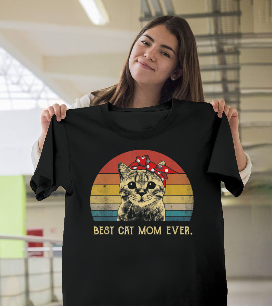 Vintage Best Cat Mom Ever Mother's Day Gifts Retro Cat with Polka Dot Bow T-Shirt