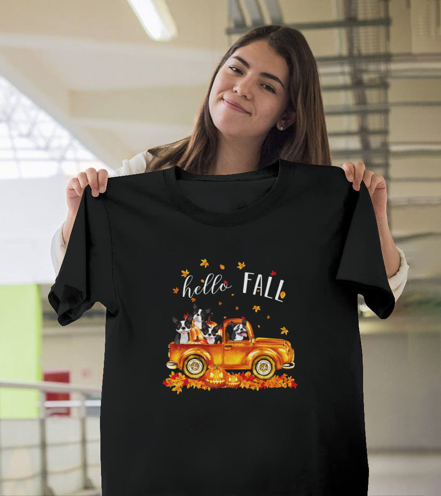 Hello Fall Boston Terrier Pumpkin Truck T-Shirt
