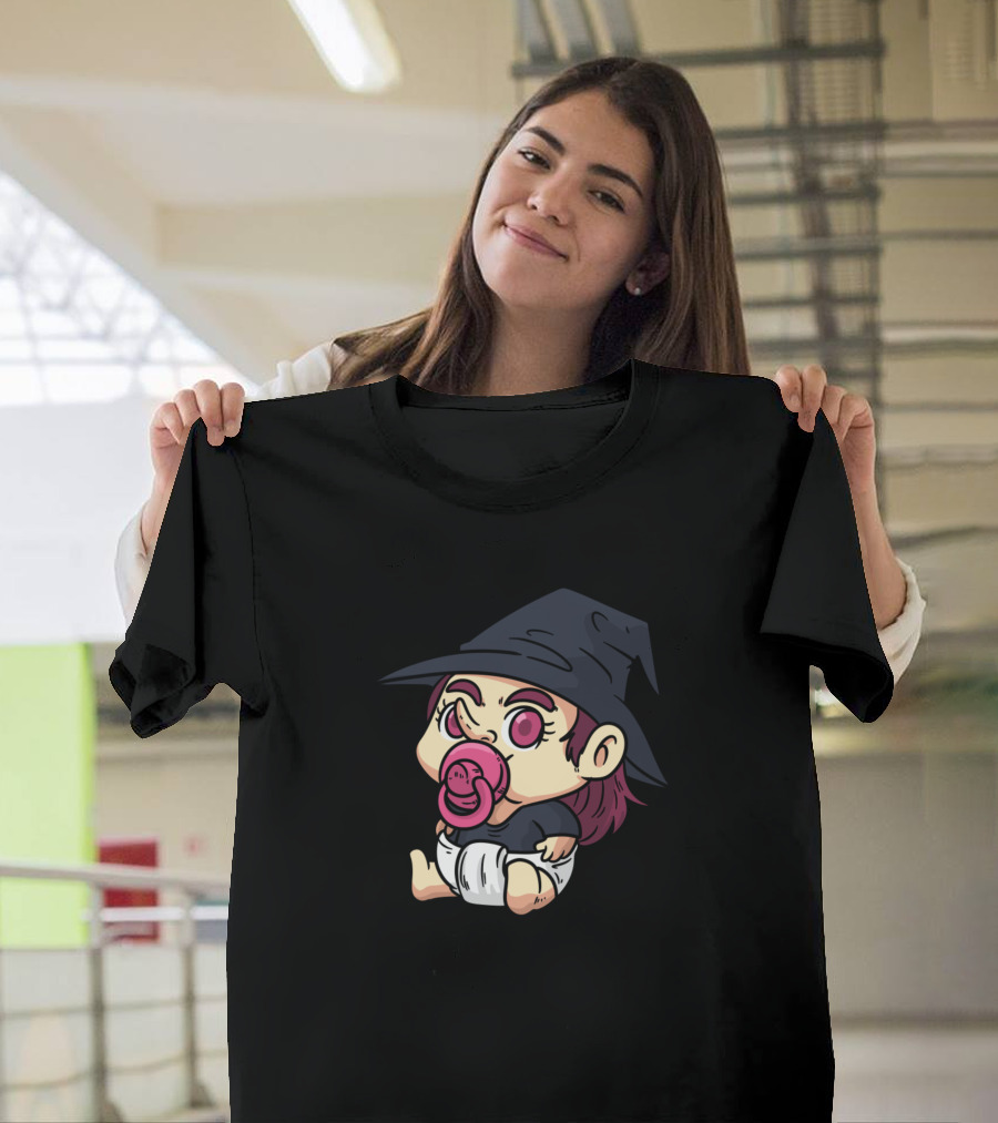 Cute Baby Witch with Pacifier in Black Hat and Diaper T-Shirt