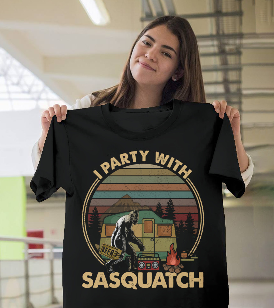 I Party With Sasquatch Beer Campfire Retro Camper Boombox T-Shirt