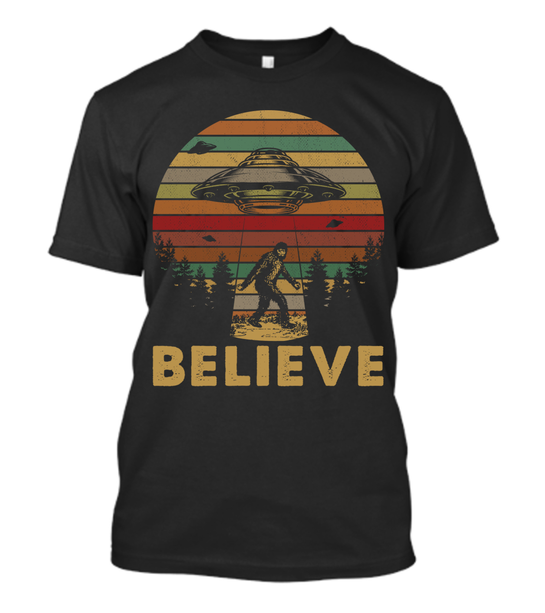 Believe Bigfoot UFO Vintage Stripes Forest Retro T-Shirt