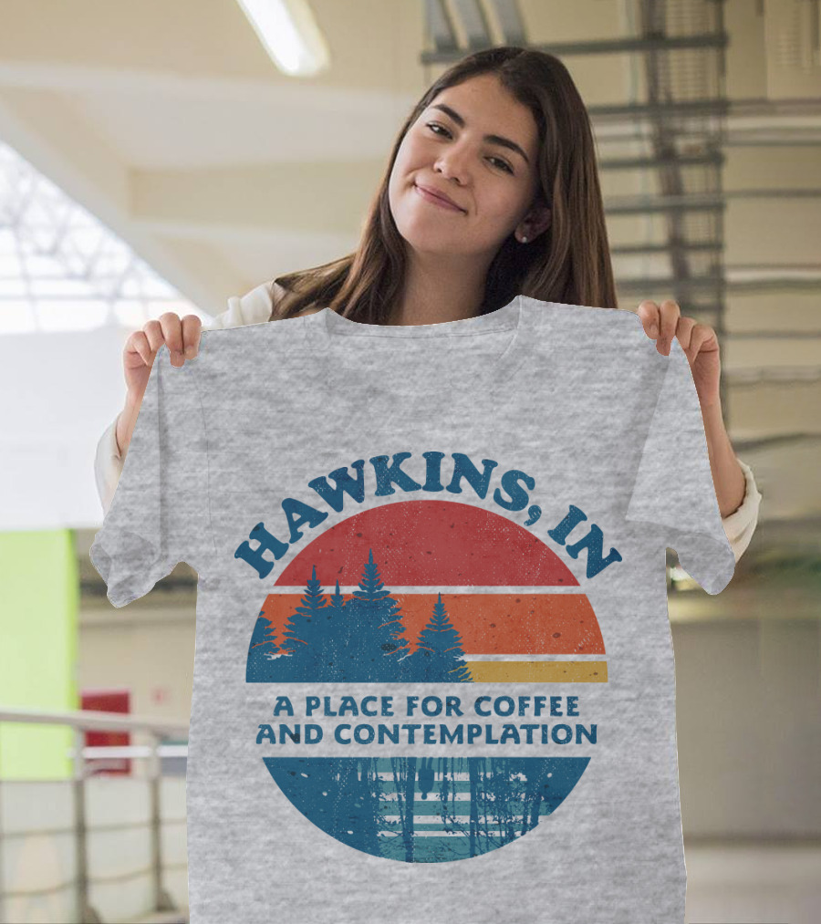HAWKINS, IN A Place For Coffee And Contemplation Vintage Forest Sunset Circle T-Shirt