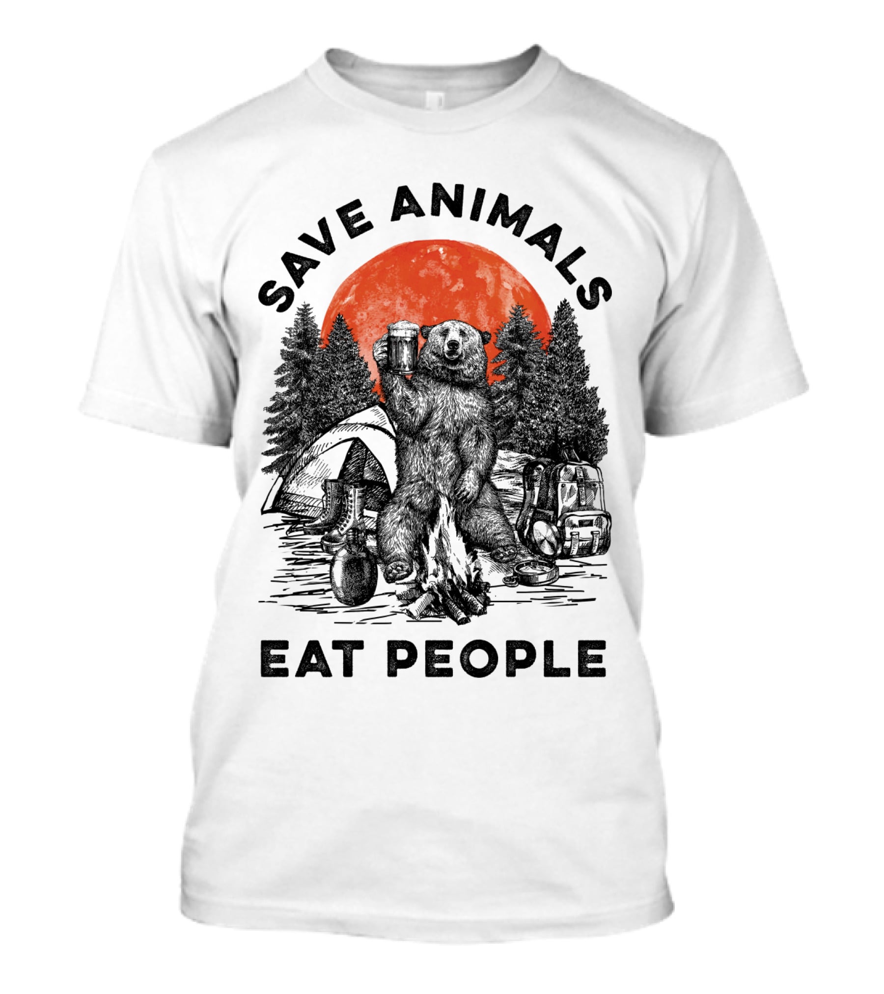 Save Animals Eat People Camping Bear Campfire Scene T-Shirt