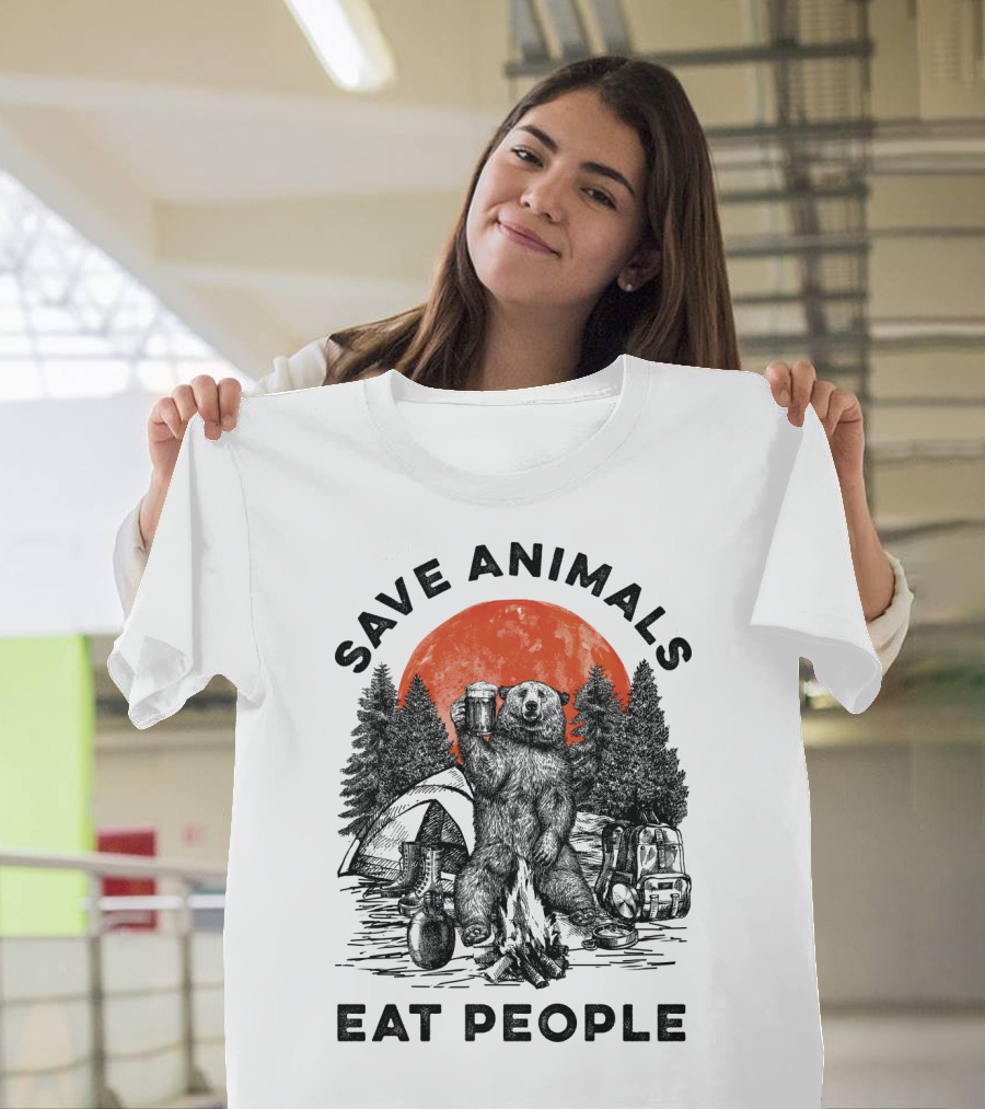 Save Animals Eat People Camping Bear Campfire Scene T-Shirt