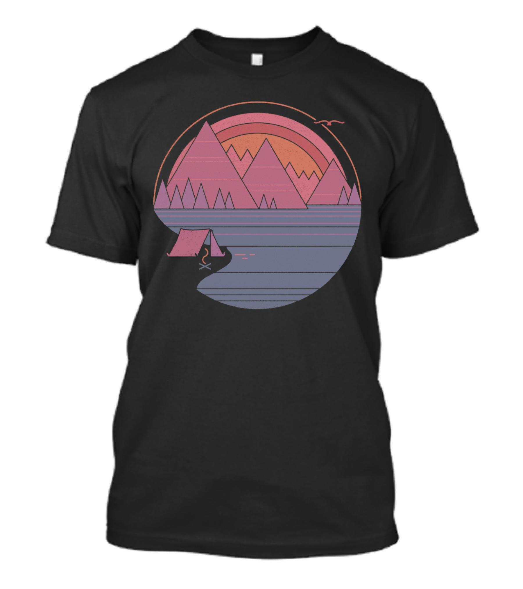 Camping Landscape With Mountains, Tent, Campfire, Sunset, And Bird In Circle T-Shirt