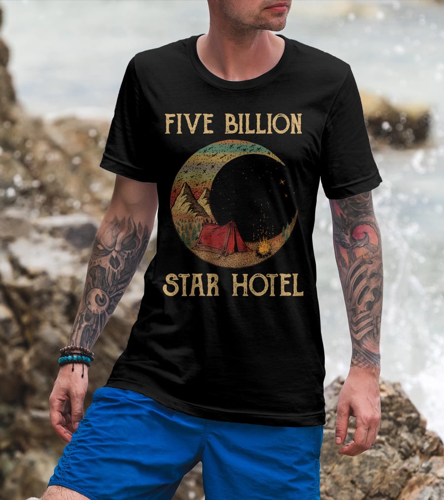Five Billion Star Hotel Camping Tent Under Night Sky With Stars And Mountains T-Shirt