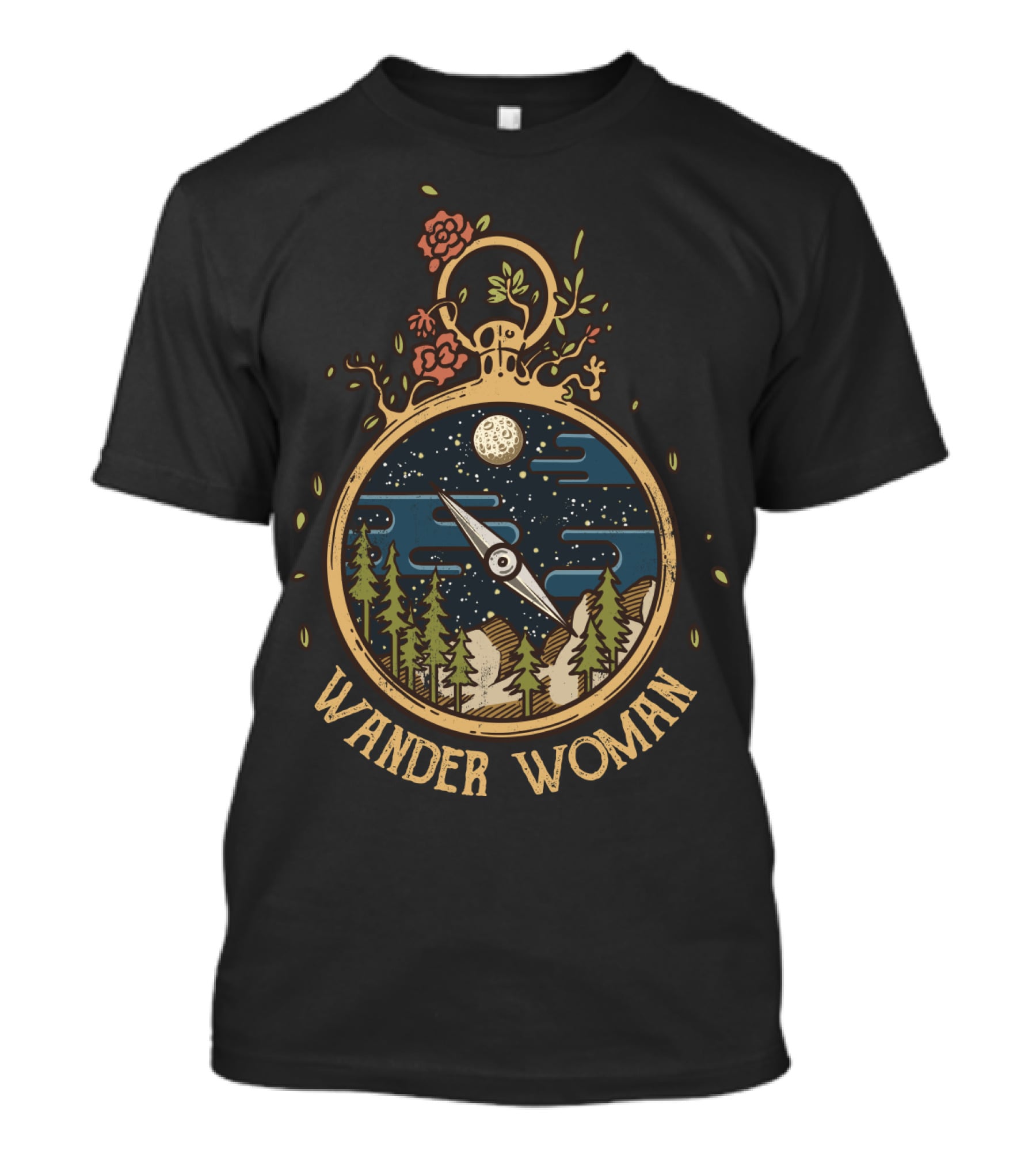 Wander Woman Adventure Compass With Moon And Forest Scene T-Shirt
