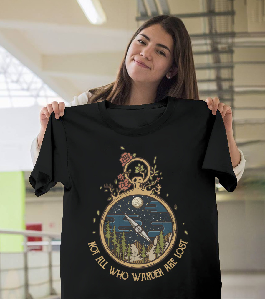 Not All Who Wander Are Lost Compass Forest Night Watch T-Shirt