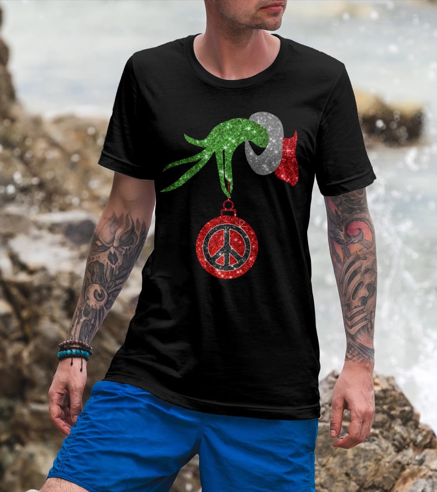 Grinch Hand Holding Peace Sign Ornament Christmas Hippie T-Shirt