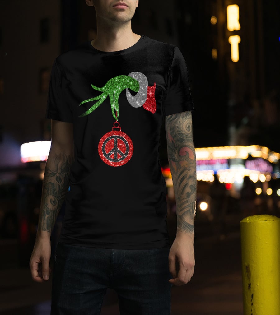 Grinch Hand Holding Peace Sign Ornament Christmas Hippie T-Shirt