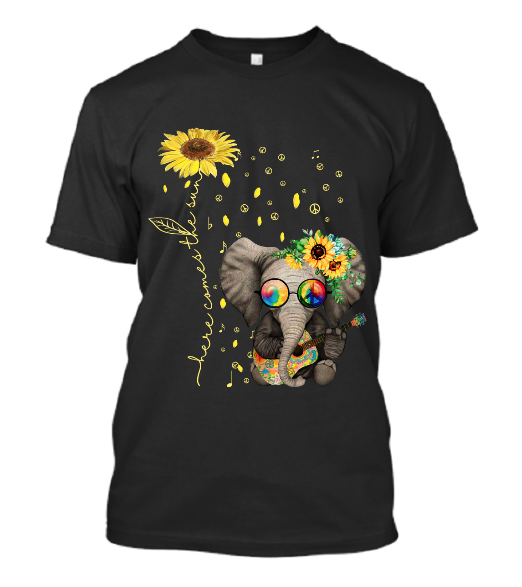 Here Comes The Sun Elephant With Sunflower And Peace Symbols T-Shirt