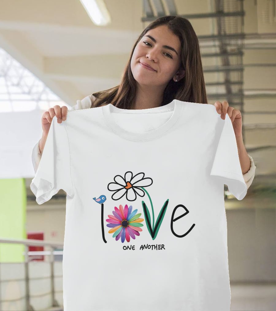 Love One Another Rainbow Flower Blue Bird T-Shirt