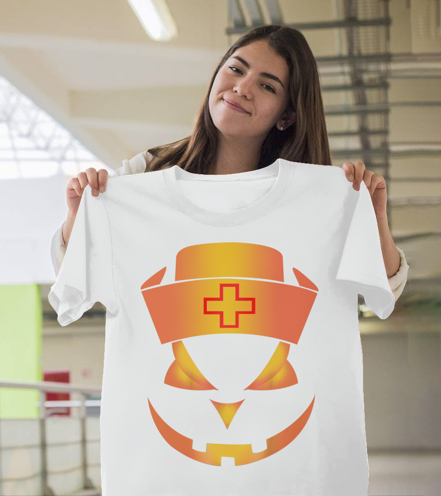 Nurse Pumpkin Face with Cross Hat Halloween T-Shirt