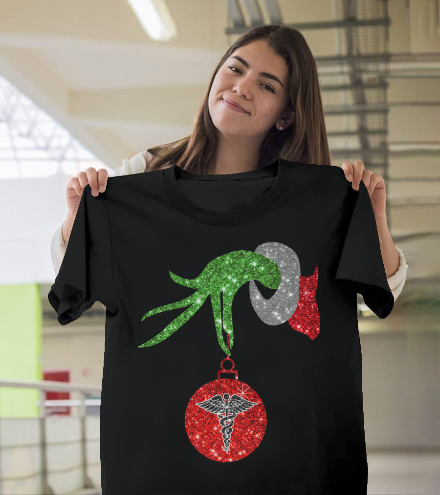 Grinch Hand Holding Caduceus Christmas Ornament Nurse T-Shirt