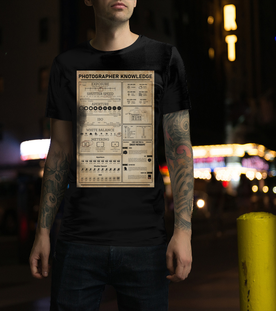 Photographer Knowledge Exposure Shutter Speed Aperture ISO White Balance Metering Concert Photography Guide T-Shirt