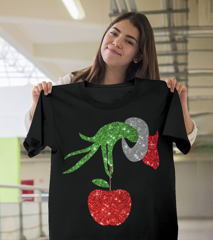 Green Grinch Hand Holding Shiny Red Apple T-Shirt